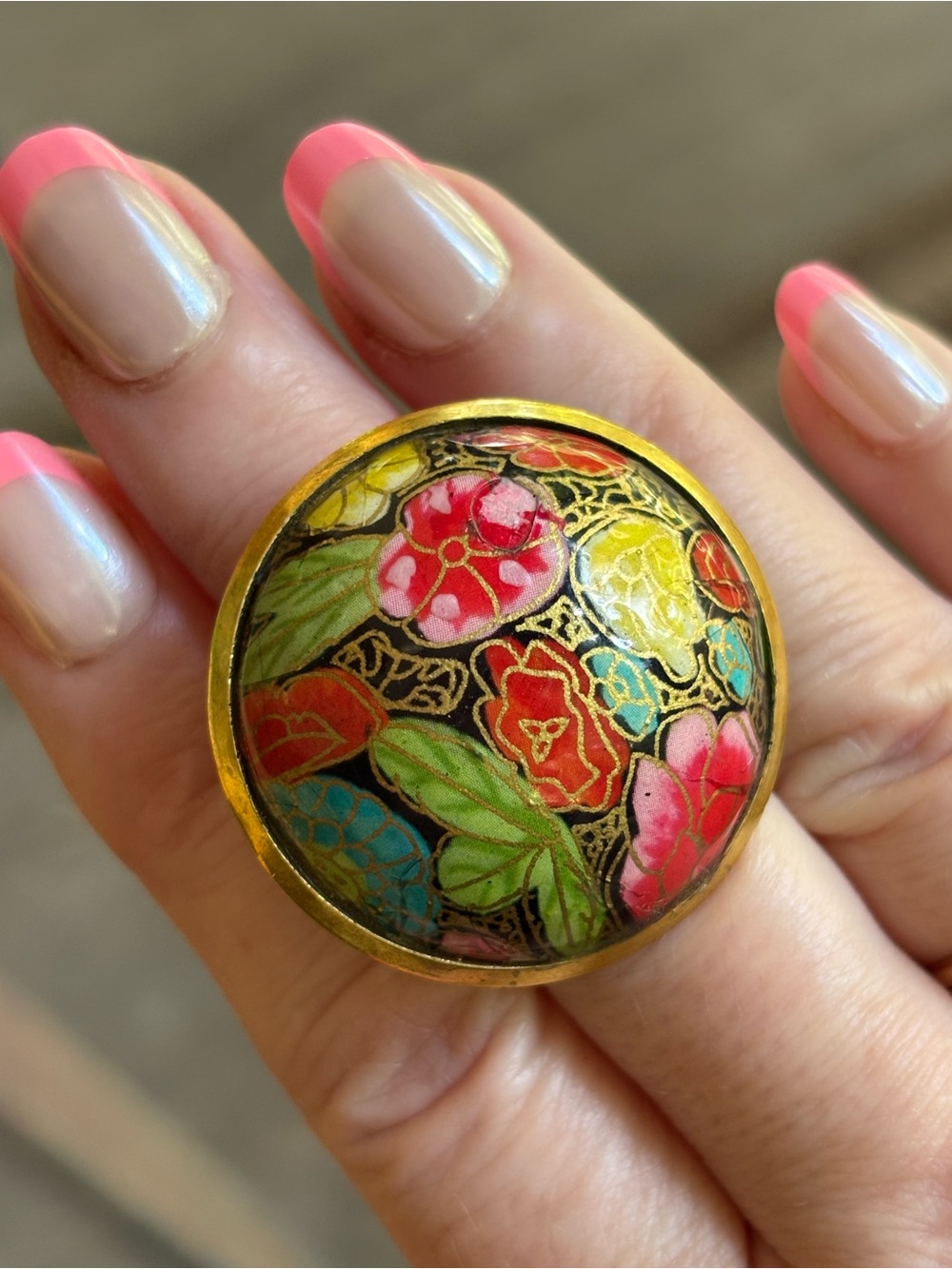 Vintage Floral Cloisonné Round Brass Ring
